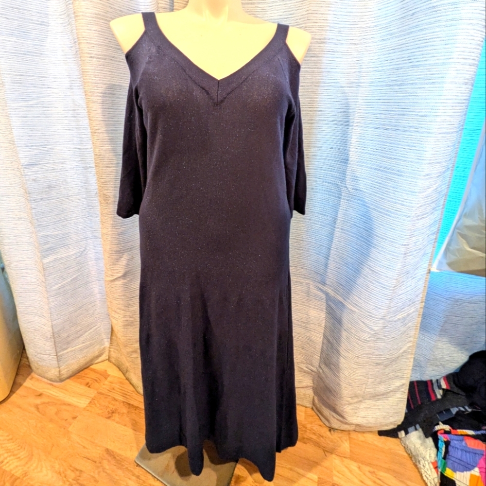 Metallic Navy Cold Shoulder Knit Dress - 12